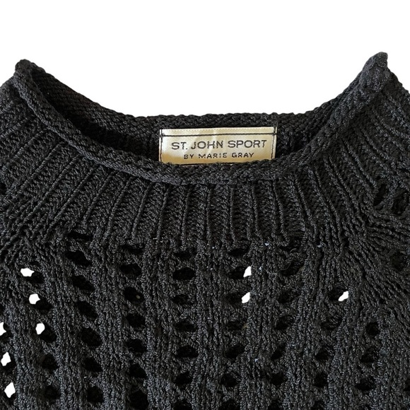 St. John Sport by Marie Gray black wool open-knit crochet cropped sweater top - Picture 3 of 9